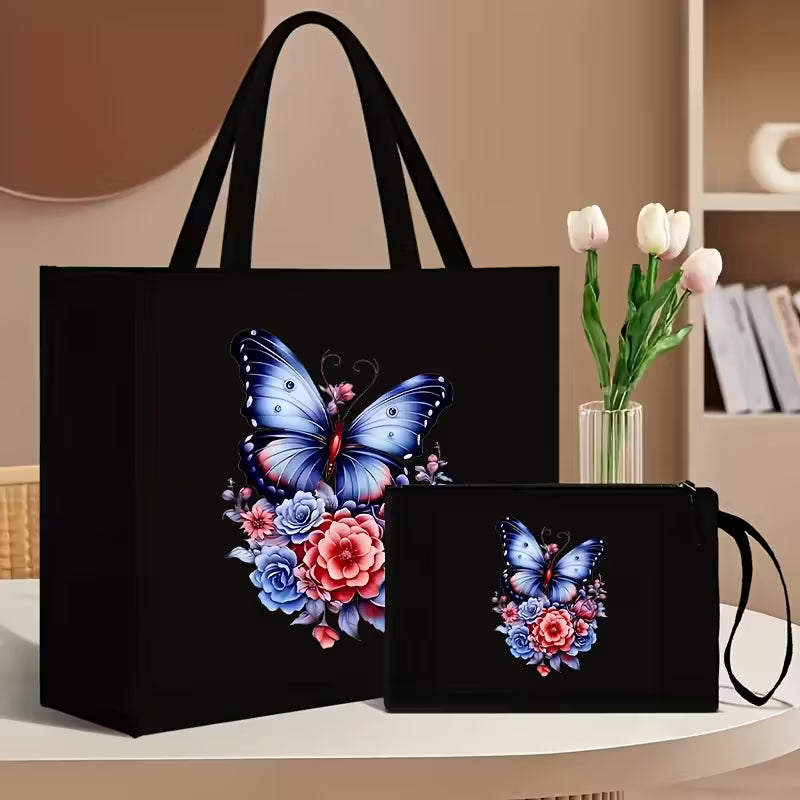 2pcs Floral and Butterfly Print Tote Bag Set with Matching Wallet