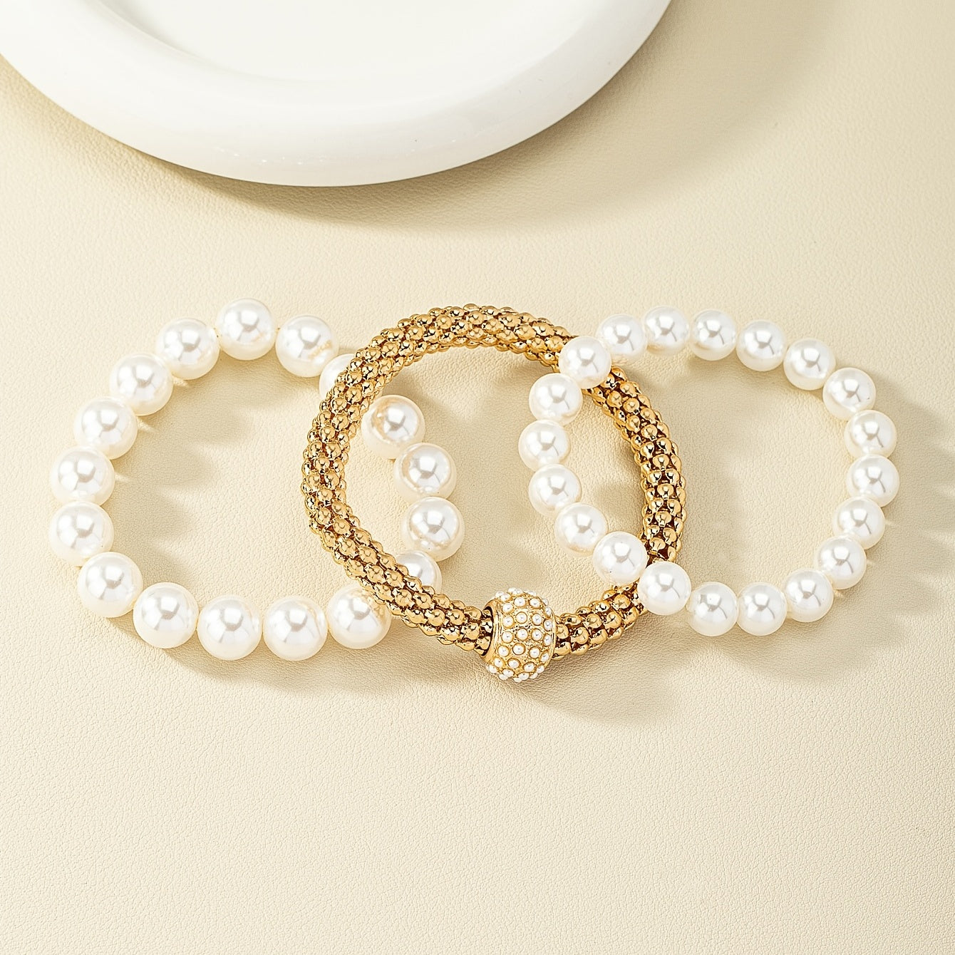Faux Pearls Bracelet Kit 14K Gold Plated Stretch Hand Jewelry Set For Women & Girls 3 Pcs