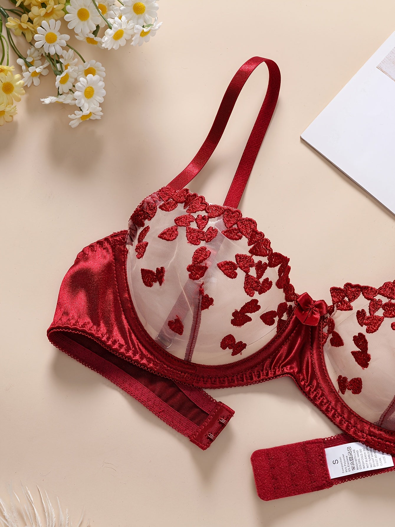 Valentine's Day Sexy Women's Semi-Transparent Embroidered Flower Underwear Set with Steel Ring