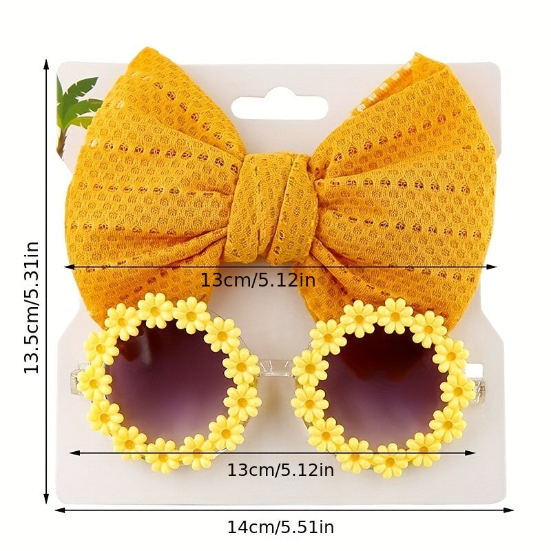 Cute Outdoor Beach Baby Girl Gift Set - 2 Pieces Butterfly Tie Hair Band & Round Flower Fashion Glasses!