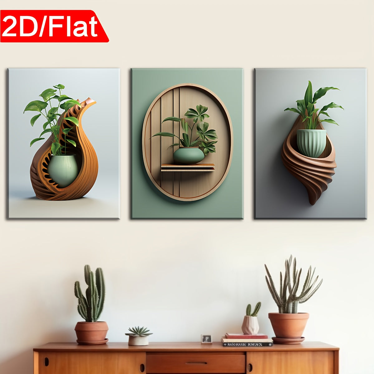 2D Flat Three 2D Printed Artworks with Frames, Including Canvas Paintings And Posters, Ready to Hang. They Feature a Modern Minimalist Style with Plant Vase Shapes, Creative Wood Carvings, And Serve As Home Decor, Wall Art, A