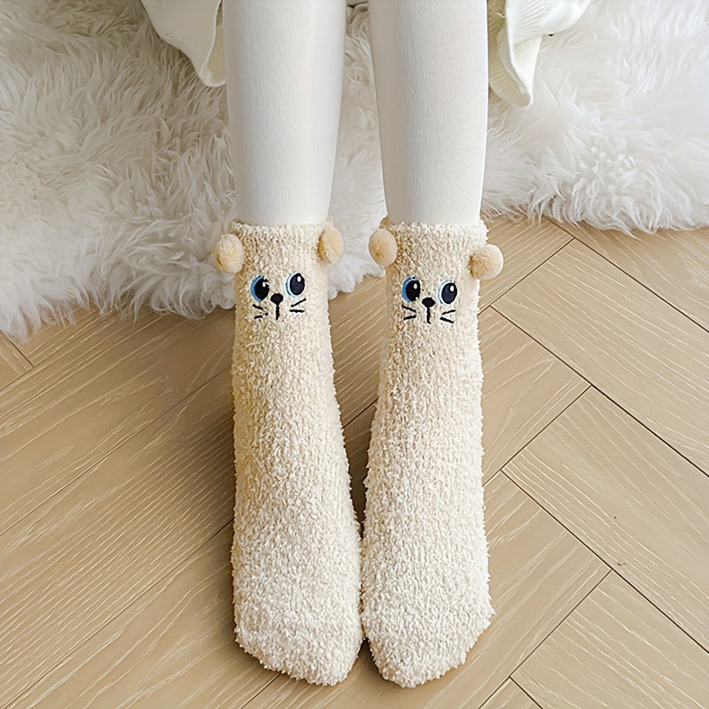 1 Pair Women'S Cute Non-Shedding Coral Fleece Warm Socks | Autumn-Winter Collection, Solid Color, Fabric