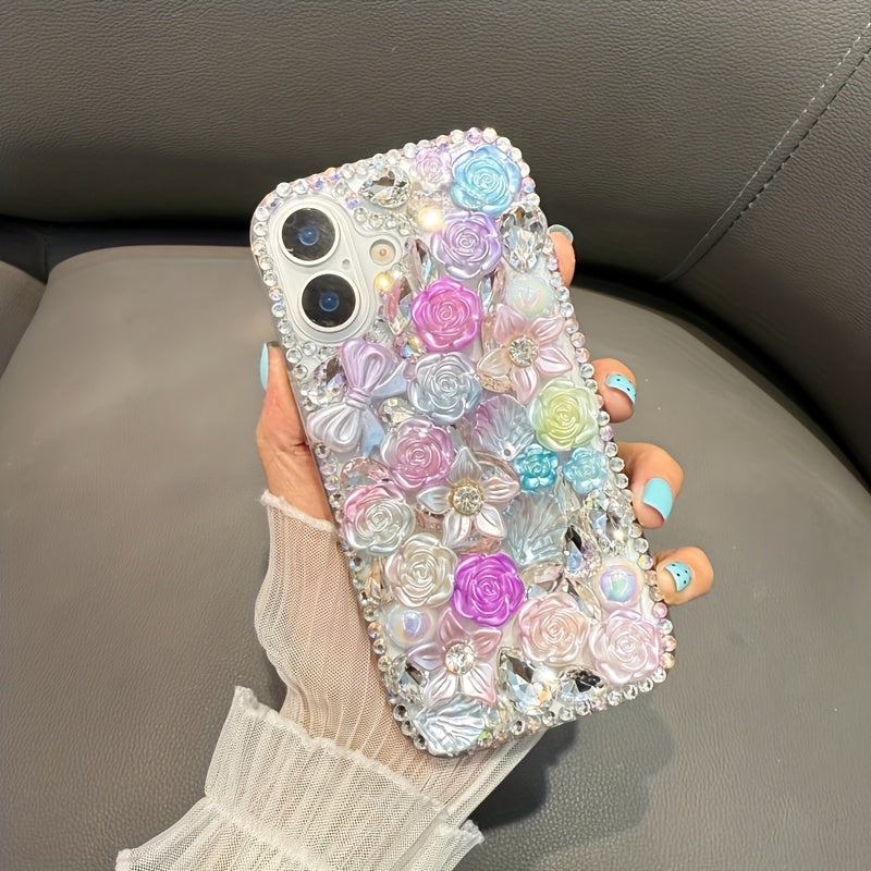 Phone Case - Fashionable And Luxurious Colorful Resin Flower Phone Case with Rhinestones And Pearls, Suitable for Iphone 17 Pro Max/16 Plus/Xr/7G, Designed to Prevent Drops