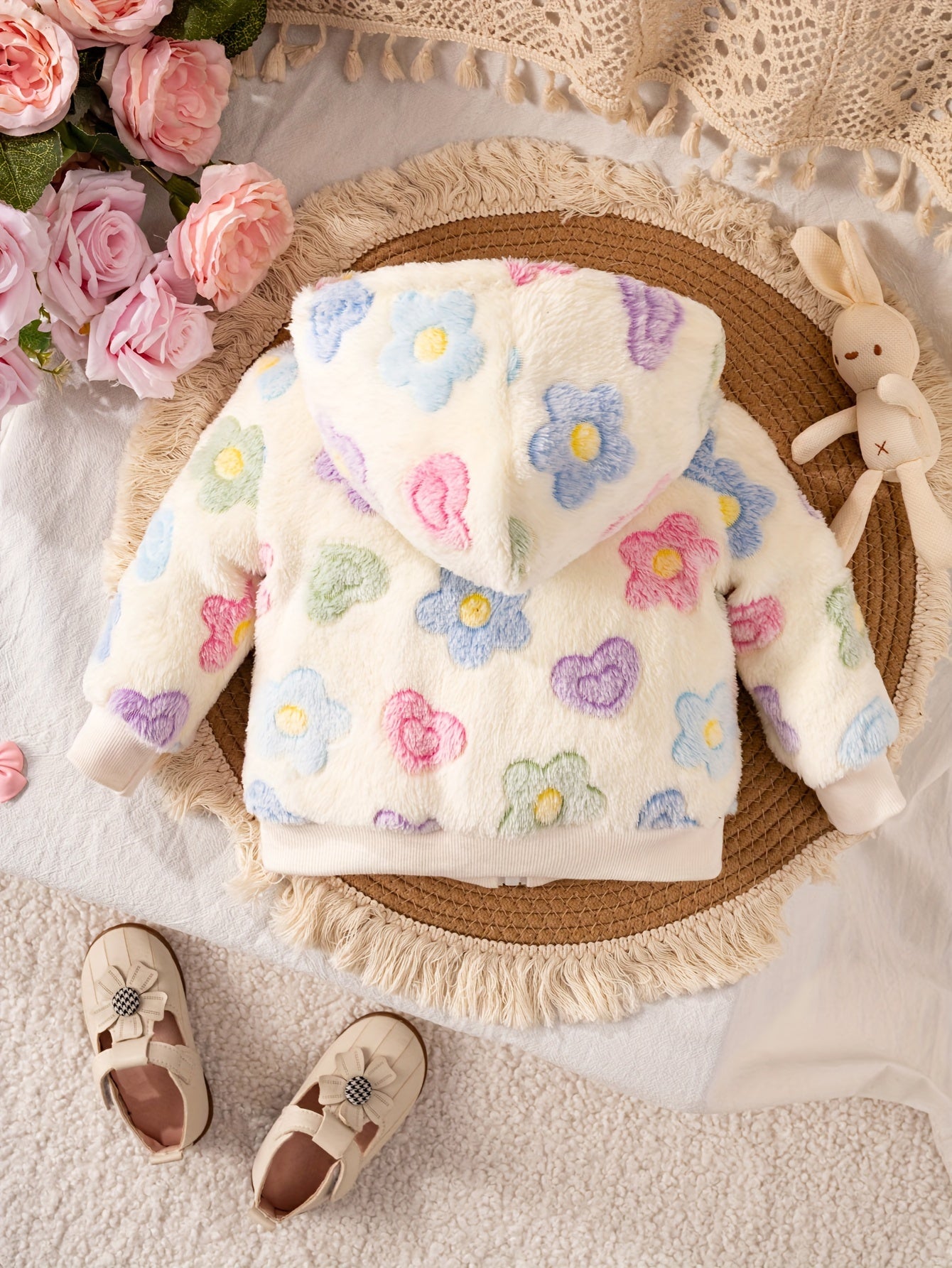 Baby Girls Floral Hooded Jacket - 100% Polyester Long Sleeve Coat with Zipper, Soft Plush Knit Fabric, Regular Fit for Outdoor Play in Fall/Winter, Skiing Compatible, Thick