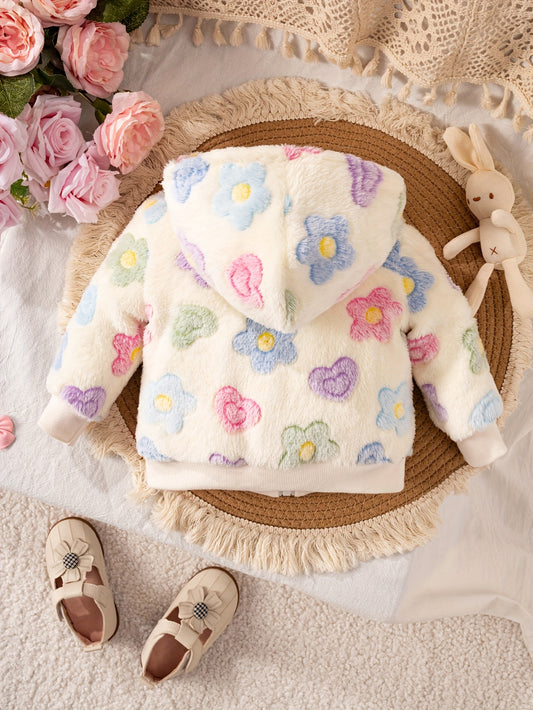 Baby Girls Floral Hooded Jacket - 100% Polyester Long Sleeve Coat with Zipper, Soft Plush Knit Fabric, Regular Fit for Outdoor Play in Fall/Winter, Skiing Compatible, Thick
