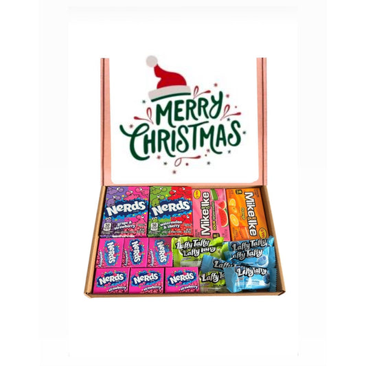 FOS&ETIENNE Merry Christmas Retro Candy Box - Large Variety Mix Pack Sweets Gift Hamper - Contains 16 Candies - Nerds Candies, Mike And Ike Sweets, Laffy Taffy Sweets Mix Box