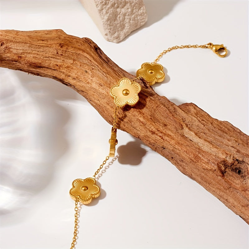 Elegant Stainless Steel Gold-Tone Cherry Blossom Flower Bracelet for Women and Men - No Mosaic, Versatile for Daily Wear and Gift Giving