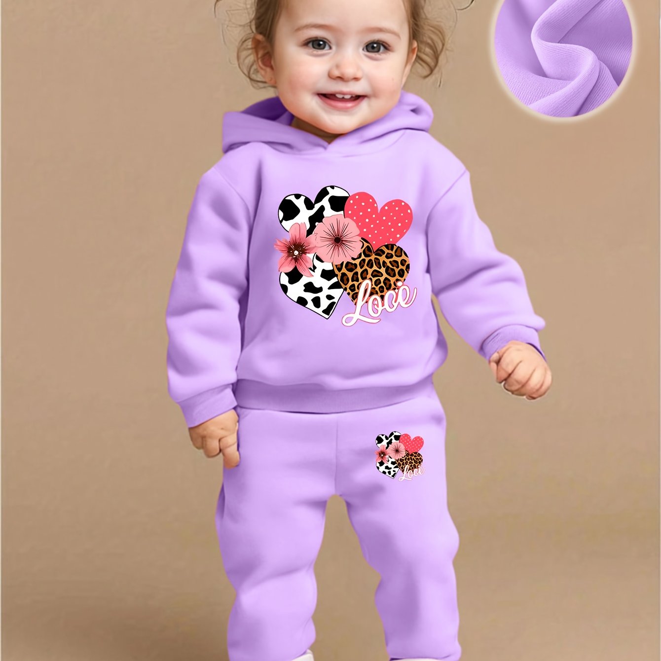 Baby Girl Love Love Flower Pattern Hoodie+Casual Pants Two Piece Set Spring and Autumn Sportswear, Perfect for Outdoor