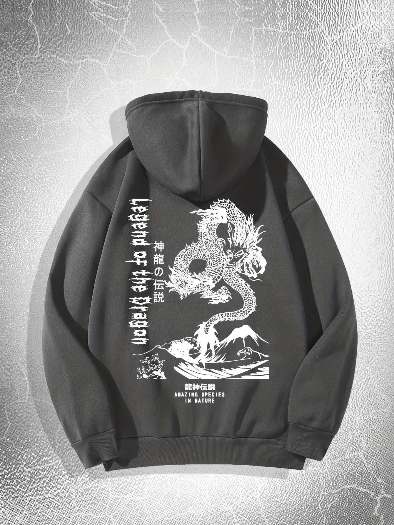 [Dragon Print Hoodie] White Polyester Dragon Print Hoodie - Casual & Trendy, Long Sleeves, Drawstring Hood - Streetwear Style