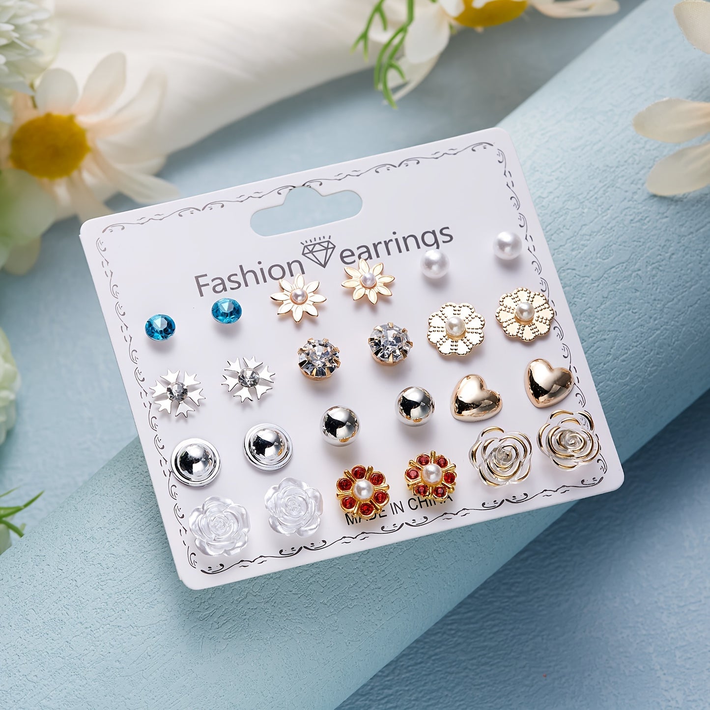12Pairs/Set Flower Faux Pearl Heart Strawberry Stud Earrings Set, Simple Golden Earrings For Girls, Daily Week Earrings Set, Ideal choice for Gifts
