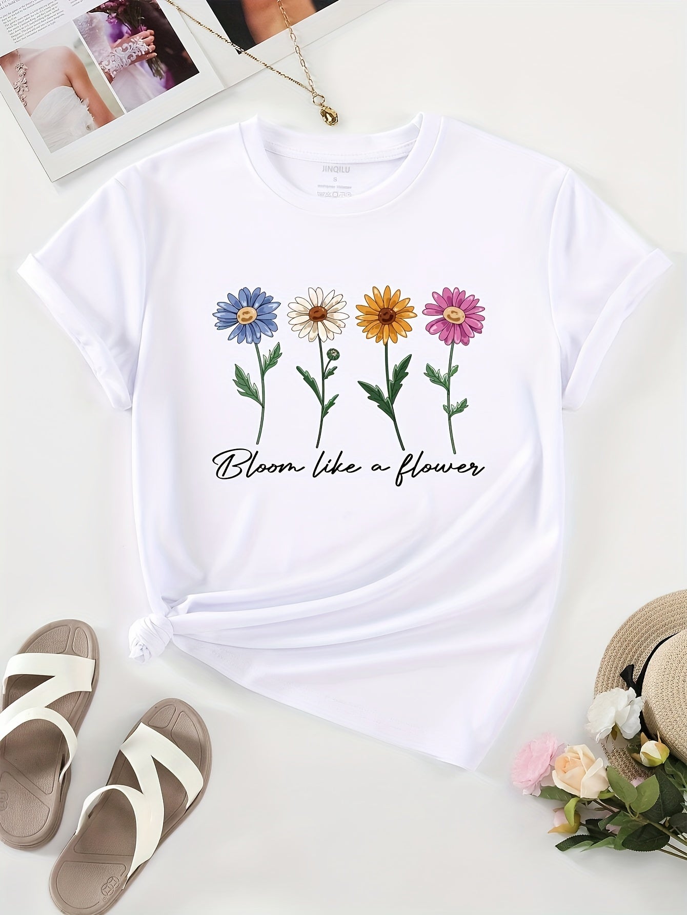 Cute Flower & Letter Print Casual T-shirt, Crew Neck Short Sleeve Top For Spring & Summer, Women's Clothing