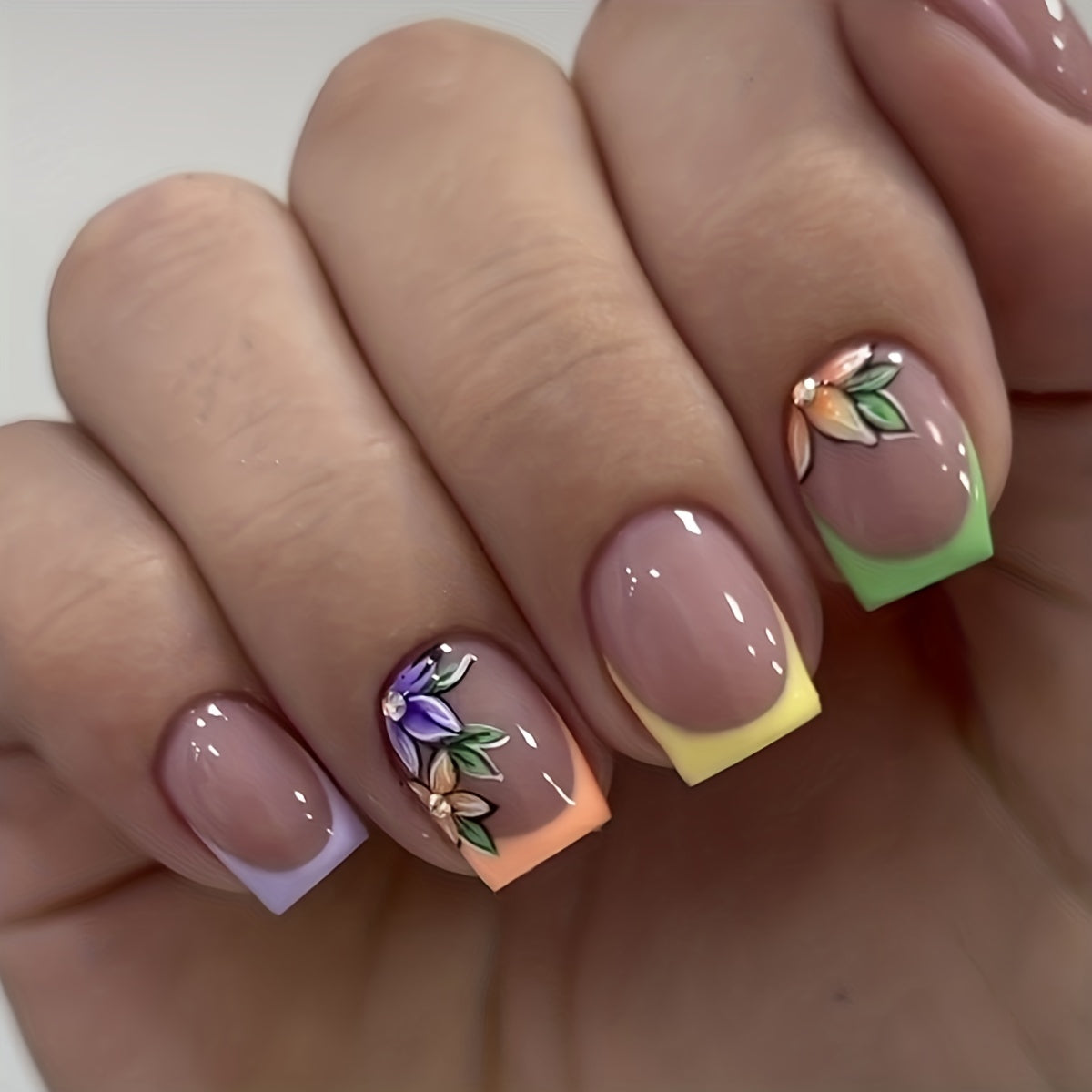 [Popular Choice] 24pcs Short French Colorful Flower Press-On Nails, Full Cover Artificial False Nail Tips with Glossy Finish, Manicure Essentials|Gradient Nail Tips|Glossy Finish Nails, Flash Gradient, Fake Nail, Manicure Ess