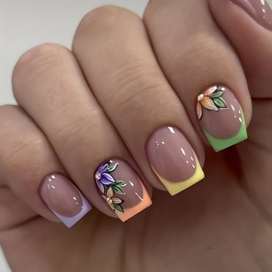[Popular Choice] 24pcs Short French Colorful Flower Press-On Nails, Full Cover Artificial False Nail Tips with Glossy Finish, Manicure Essentials|Gradient Nail Tips|Glossy Finish Nails, Flash Gradient, Fake Nail, Manicure Ess