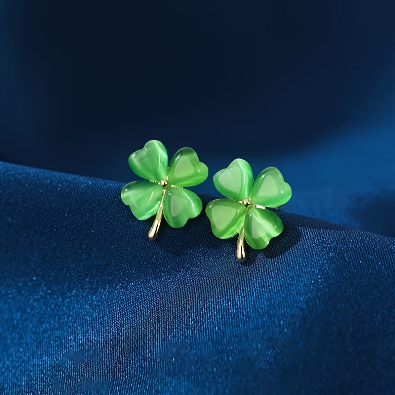 St. Patrick's Day Green Lucky 4-Leaf Clover Opal Stud Earrings 14K Gold Plated Ear Jewelry Festival Ornaments Gift