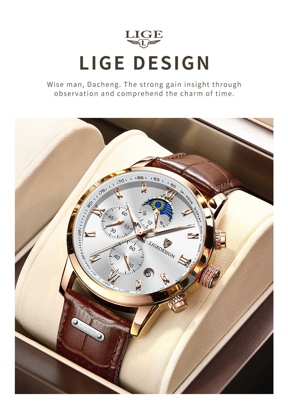 LIGE Men'S Quartz Watch | Vintage Style | Multi-Functional Chronograph | 30m | Calendar & Moon Phase | High-Quality Strap | Zinc Alloy Case, Electronic Drive | Non-rechargeable Button Battery | Luxury Business Watch, Business