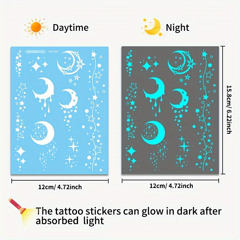 4 Sheets Glow-in-the-Dark Tattoo Stickers - Moon, Stars, Butterfly & Flower Designs for Women & Girls, Luminous Face & Body Art for Weddings, Nightclubs, Music Festivals & Parties, Gift for Eld, Gift for Ramadan