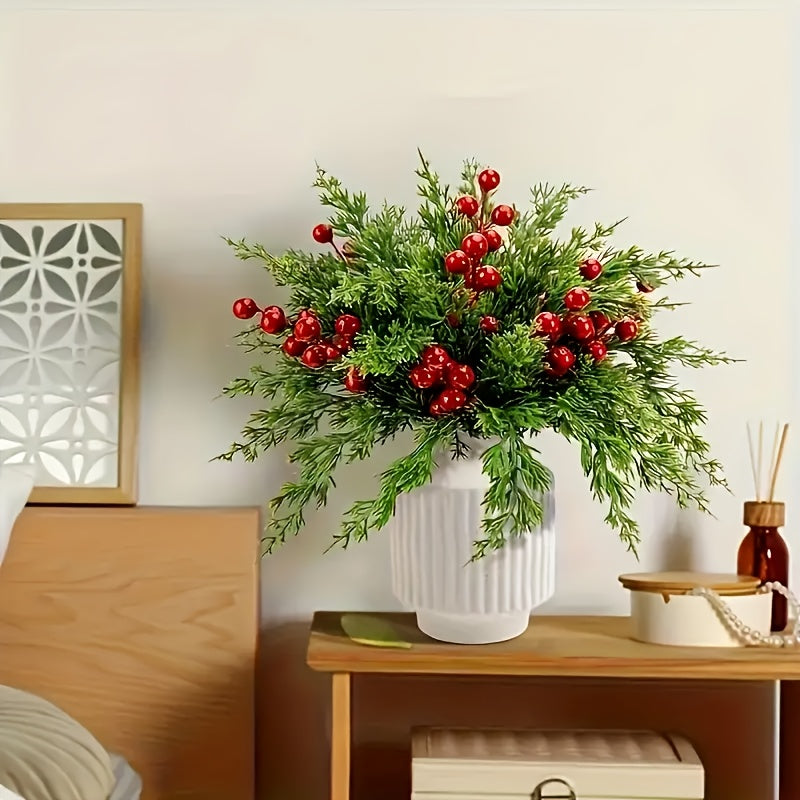 20pcs Realistic Artificial Pine Branches with Red Berries - Green Plastic Christmas Sprigs for DIY Wreaths, Garlands, Table Centerpieces, Winter & Holiday Decor (Vase Not Included) - Fake Pine Needles for Home Decoration, Chr