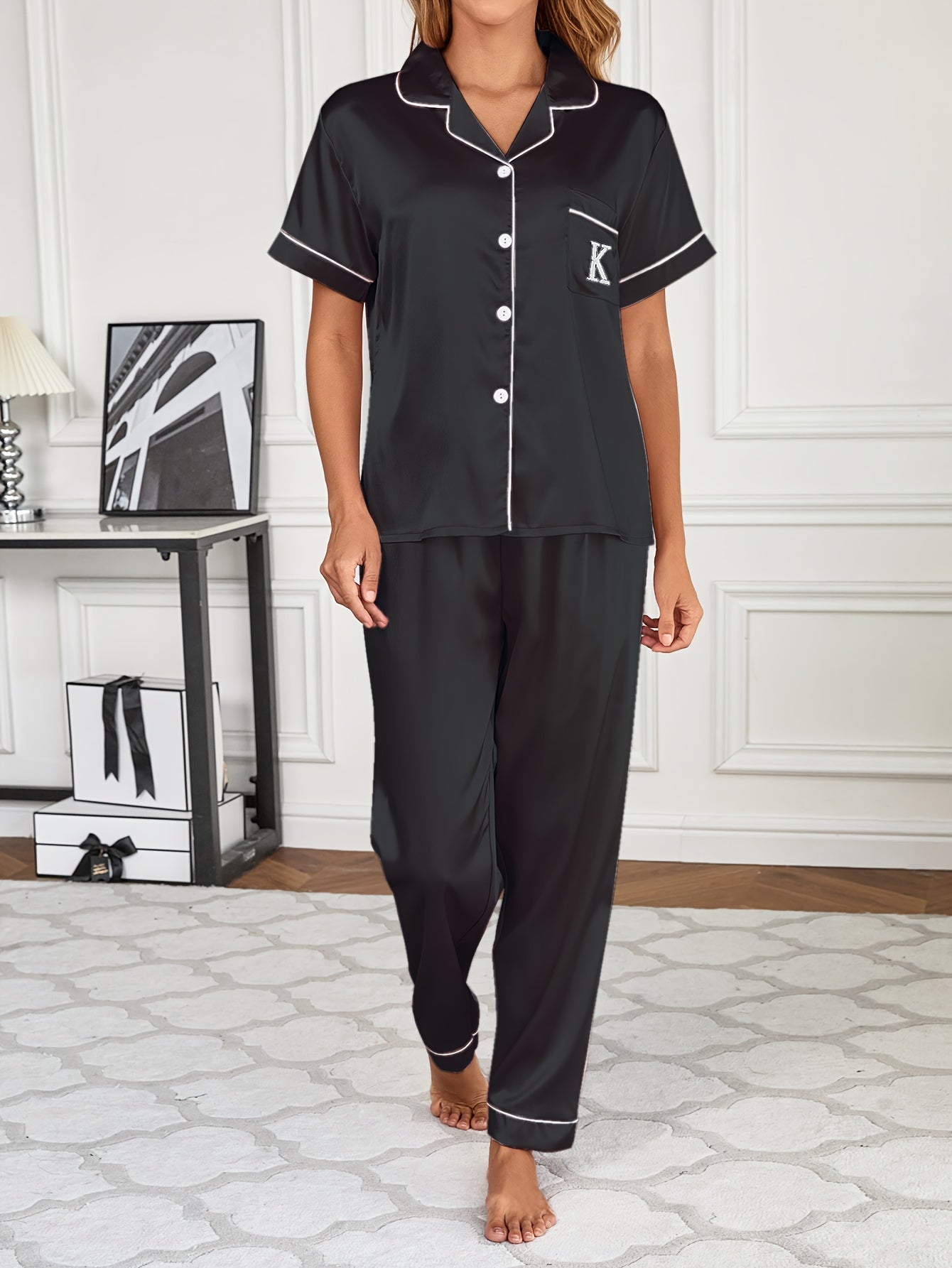 Valentine's Day Satin Pajamas Set - Soft, Lightweight, Embroidered Button-Up Blouse Top and Elastic Waistband Pajama Pants for Women's Loungewear and Sleepwear - Perfect Gift Idea for Her