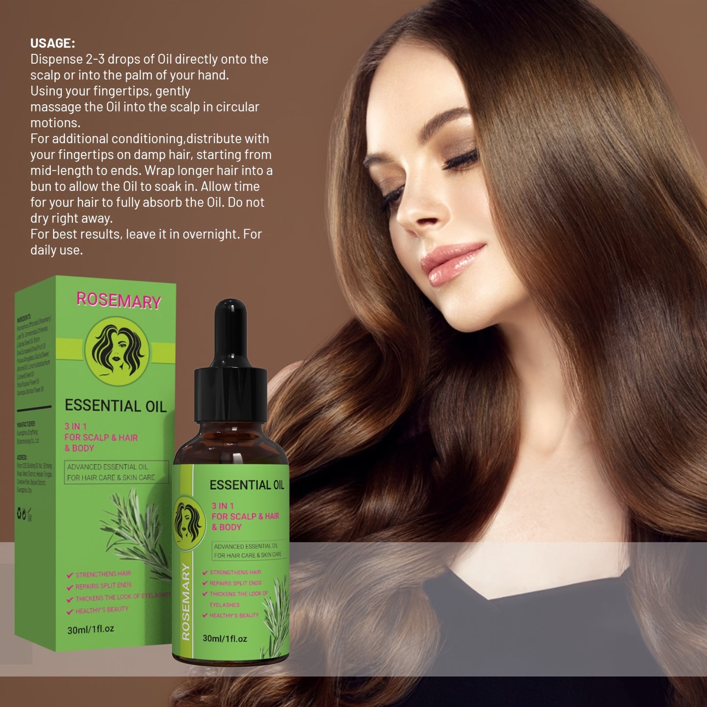 Rosemary Oil for Scalp/Hair/Body Care, 3in 1 for Strengthens Hair/Eyelashes, Moisture Body with Rosemary, Jojoba, Biotin, Olive Fruit, Sweet Almond and Rosa Rugosa Flower Plant Extract for Christmas Gift/Mum's Gift (Glass Bot