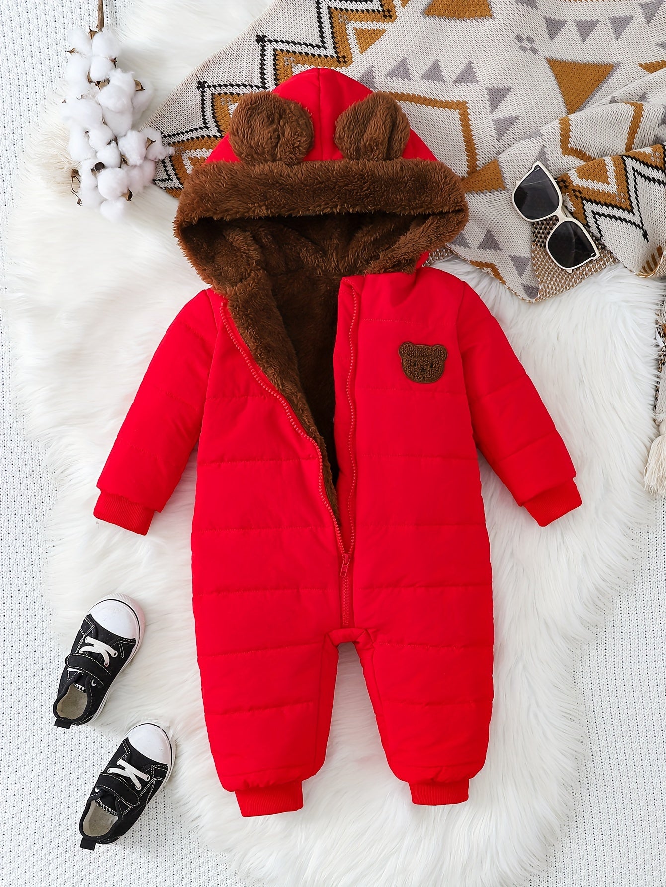Baby Boy Winter Jumpsuit, Soft Plush Onesie with Hood, Warm Outfit Easy Diaper Change Loose Fit, Newborn Clothing for Infant & Toddler, Perfect for Cold Weather Outdoor & Photoshoots