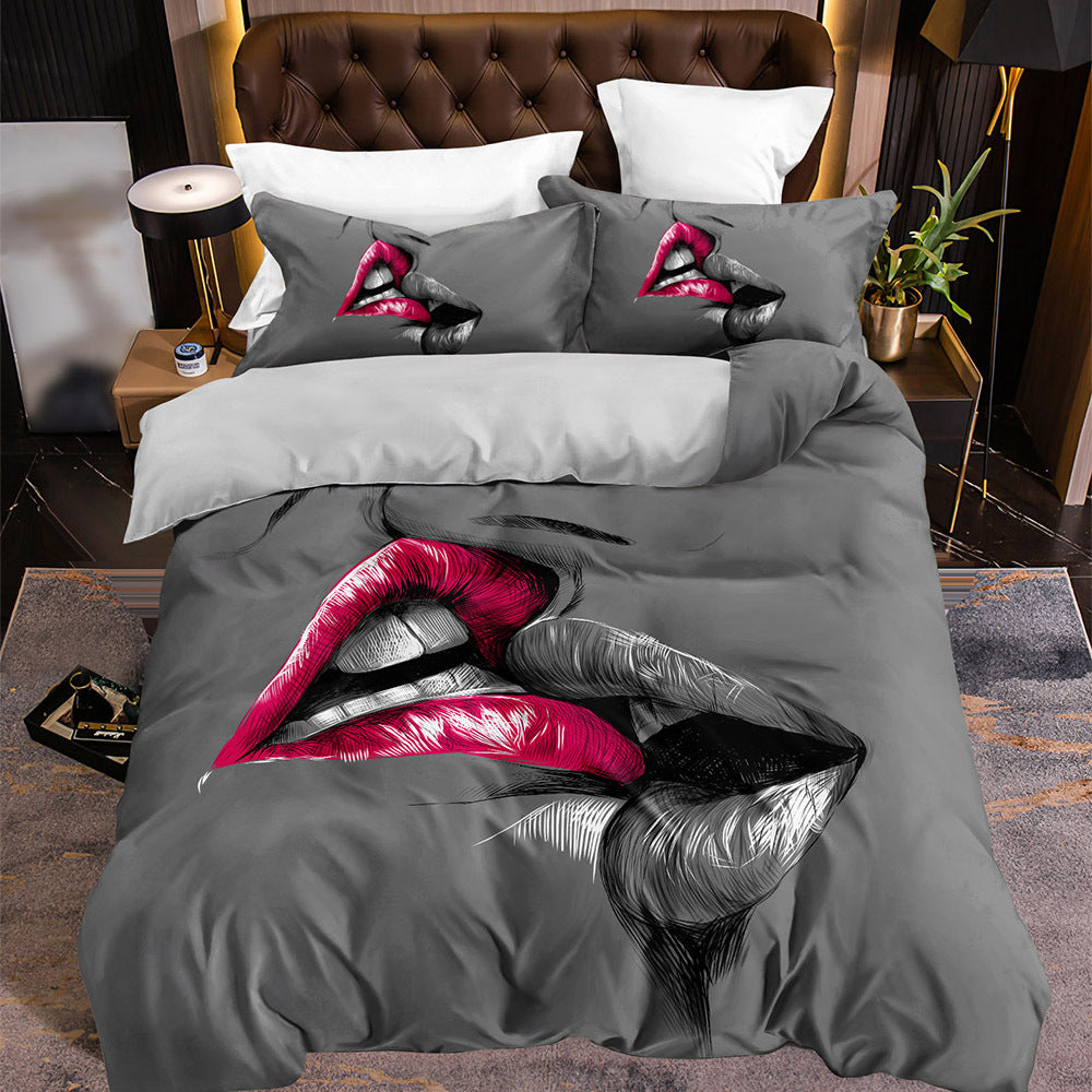 3pcs Couple Bedding Kiss Sketch Crimson Lips Kissing Guest Room Duvet Cover Set (1pc* Duvet Cover + 2pcs Pillowcase, No Pillow Core)