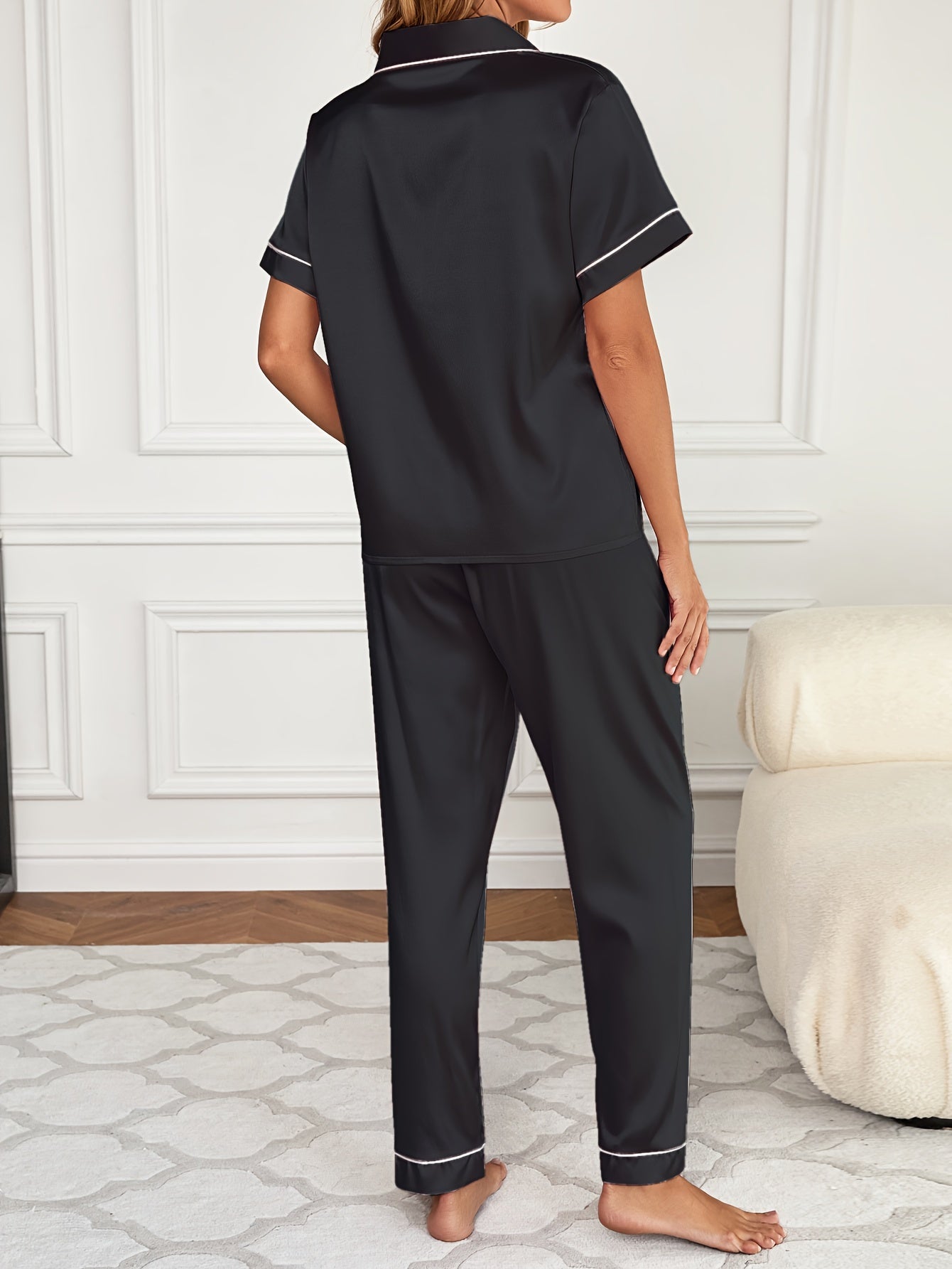Valentine's Day Satin Pajamas Set - Soft, Lightweight, Embroidered Button-Up Blouse Top and Elastic Waistband Pajama Pants for Women's Loungewear and Sleepwear - Perfect Gift Idea for Her