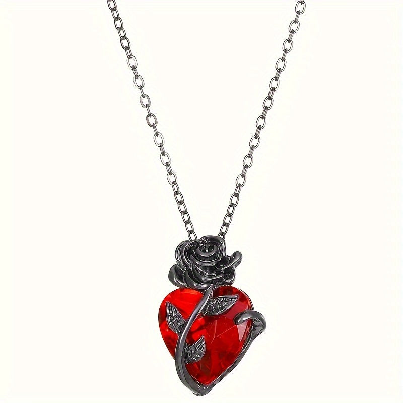 Elegant & Punk Style, Black Rose Shape With Red Heart Faux Diamond Pendant Necklace, Vintage & Delicate Twisted Flower Collarbone Chain, Valentine's Day Accessory