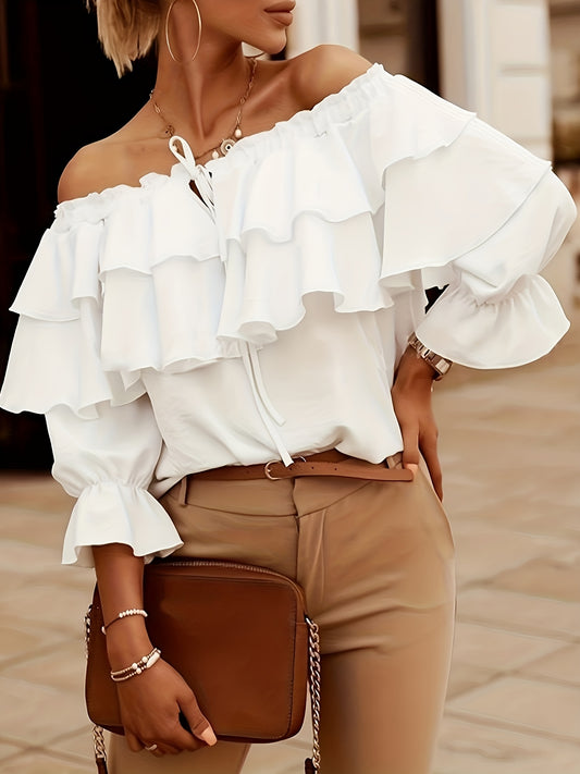 Women's Off-Shoulder Chiffon Blouse with Adjustable Tie Straps & Ruffled Three-Quarter Sleeves - Lightweight Breathable Solid Color Top for Casual & Resort Wear, Machine Washable, Versatile Fashion, Offshoulder Design, Nontra