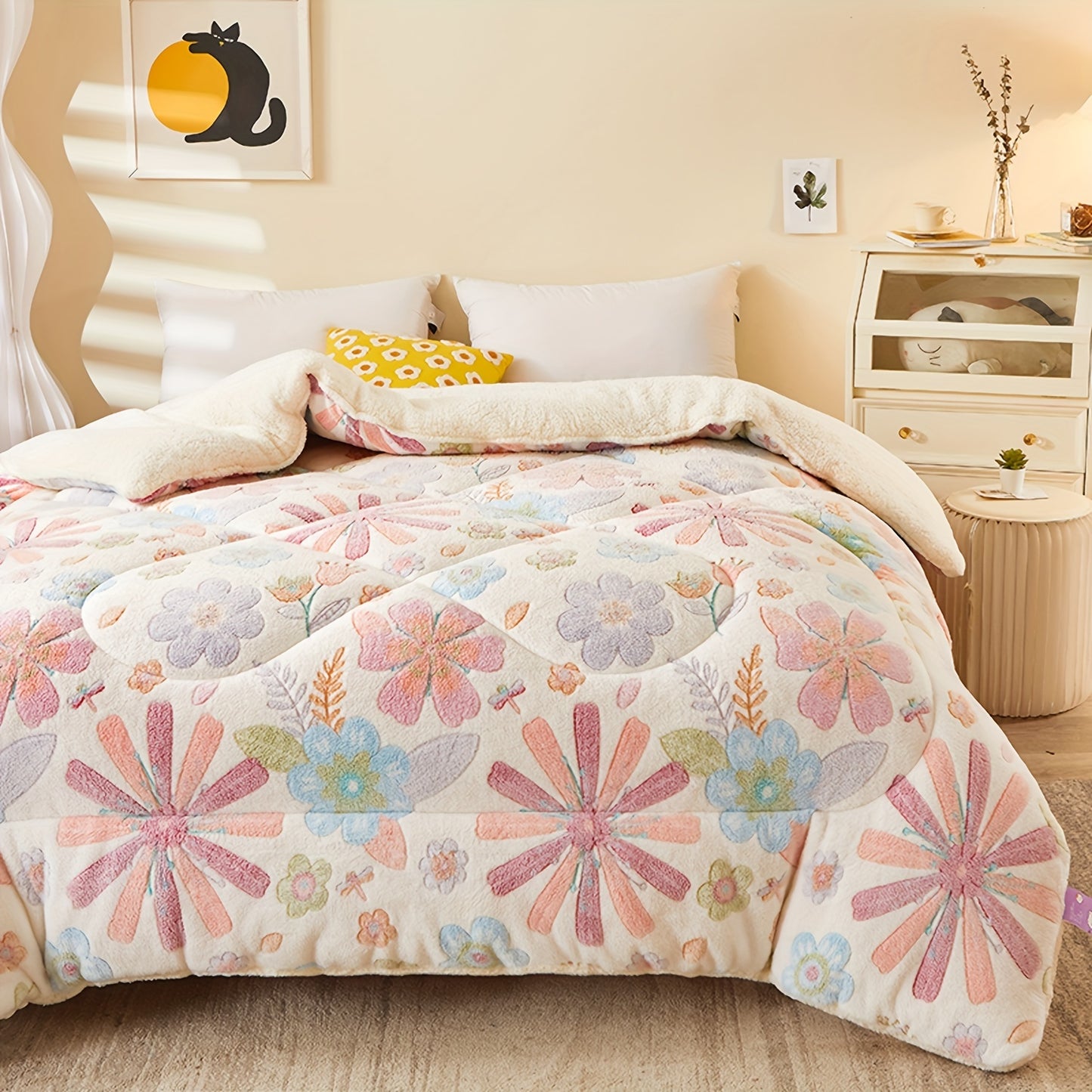 1pc Soft Warm Flower Fleece Printed Winter Polyester Comforter, Autumn And Winter Bedding Suitable For Bedroom, Guest Room