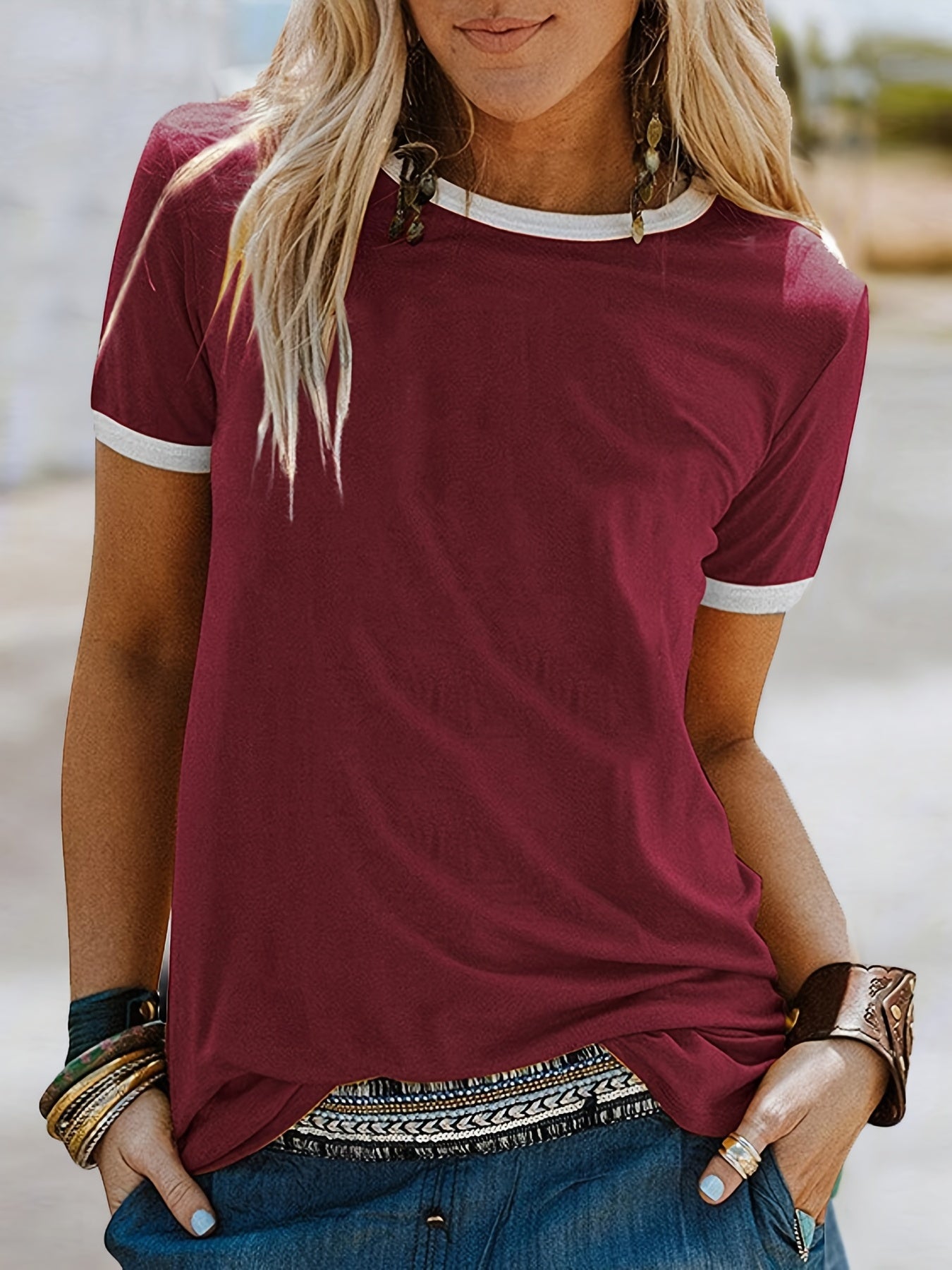Summer Loose Crew Neck Short Sleeve Casual Simple T-shirt, Women's Clothing