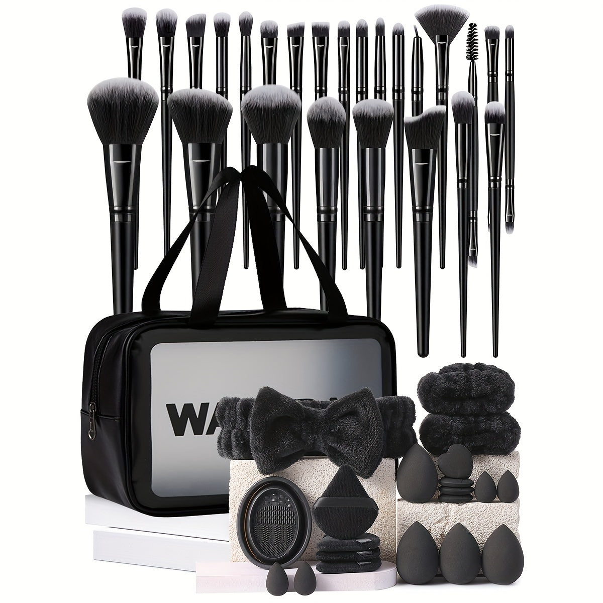The 46pcs Makeup Tool Set Includes: 1 Waterproof Multifunctional Zipper Toiletry And Makeup Bag + 25 Makeup Brushes + 8 Beauty Sponges + 8 Makeup Puffs + 1 Headband + 2 Wristbands + 1 Makeup Brush Cleaning Tool.
