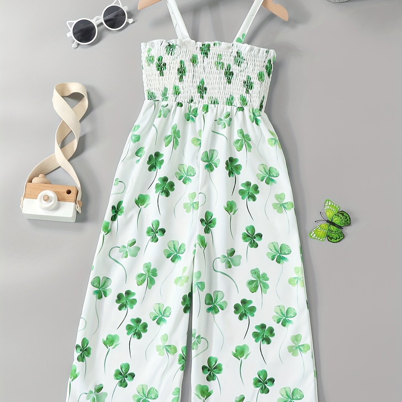 [Boho Flower Jumpsuit] Boho Flower Print Girls Shirred Cami Jumpsuit | For Going Out Party Holiday Kids Summer Clothes