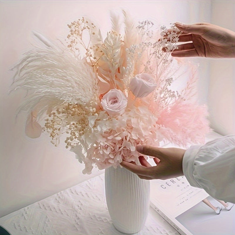 28pcs Bohemian Dried Flower Bouquet with White Feathers & Pink Roses - Ideal for DIY Home & Wedding Decor, Elegant Gift for Mother's Day, Valentine's, Thanksgiving & Christmas, Christmas Decor