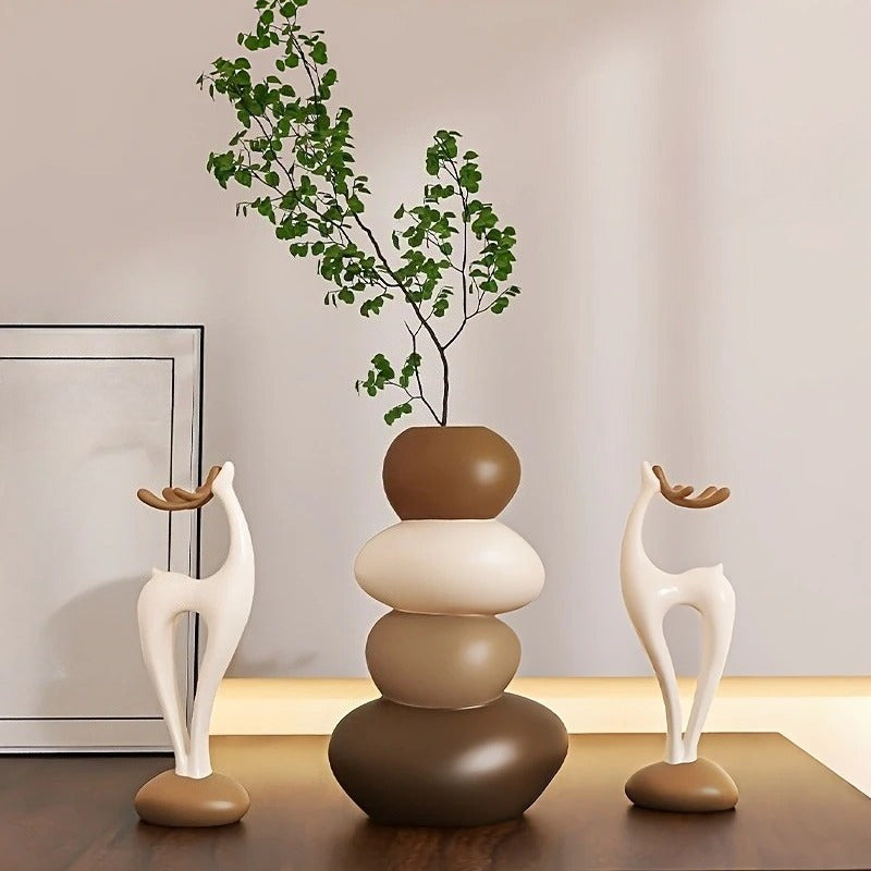 [Creative Stacked Stone Vase] 3pcs Creative Stacked Stone Vase and Deer Figurine Set | Resin Ornaments for Living Room, Bedroom, Office Desk, Bookshelf – Unique Christmas Gifts for Family & Friends