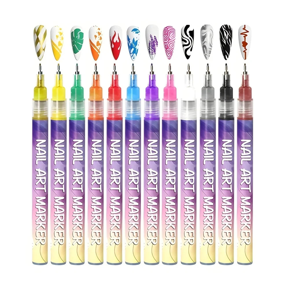 12 Color Nail Art Pens Set 0.5MM Fine Point Liner Acrylic Nail Polish Kit Waterproof Quick-Drying for Drawing Painting