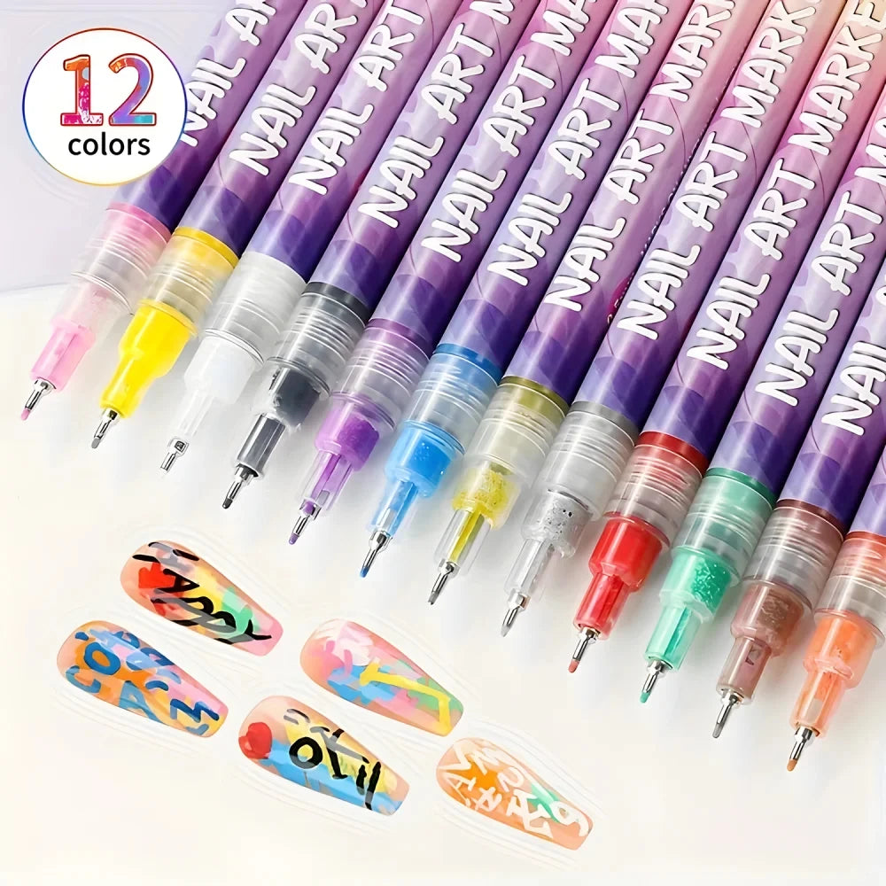 12 Color Nail Art Pens Set 0.5MM Fine Point Liner Acrylic Nail Polish Kit Waterproof Quick-Drying for Drawing Painting