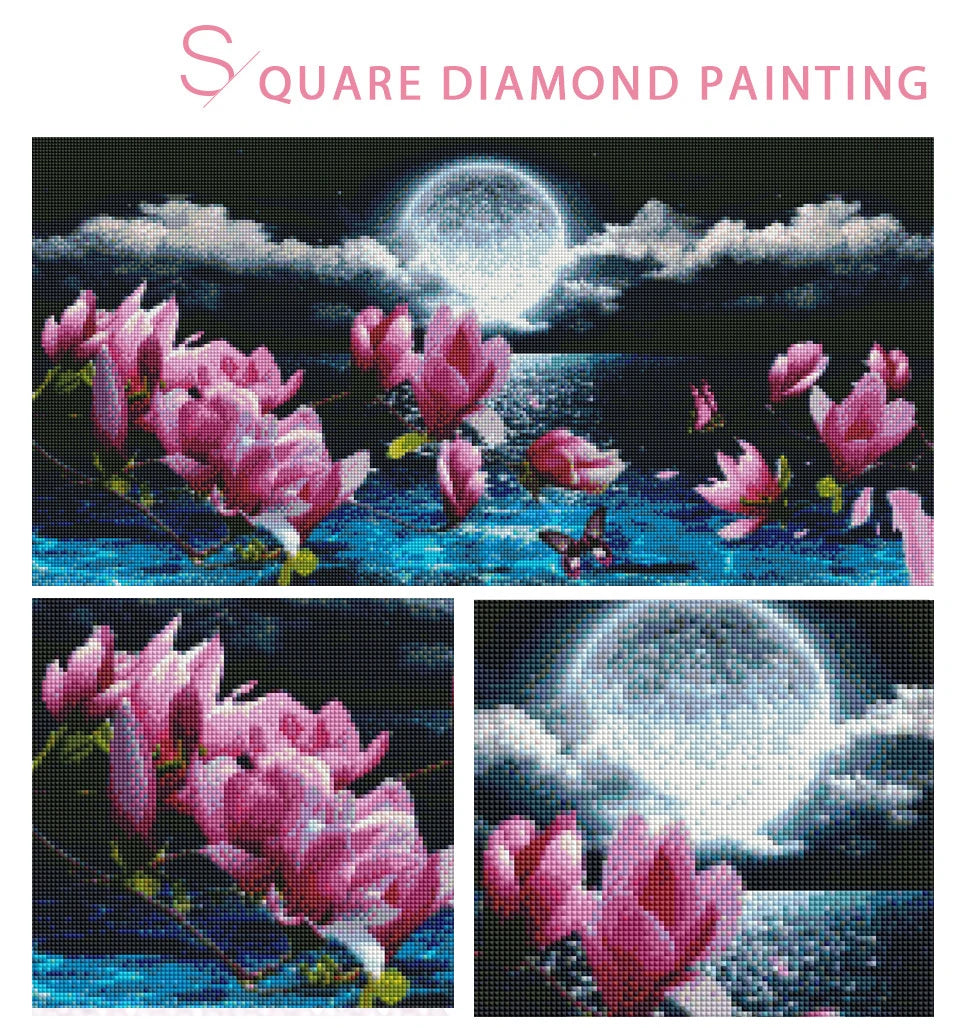 5D DIY Diamond Art Blooming White Magnolia Flowers Golden Leaves Diamond Mosaic Paintings Full Drill Diamond Embroidery Decor