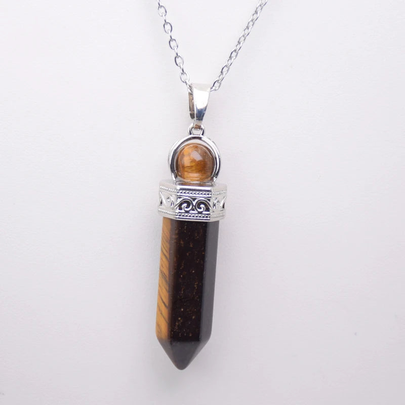Natural Stone Healing Pendant Round Bead Pointed Hexagon Column White Pink Purple Crystal Pillar Pendants Necklace for Women Men