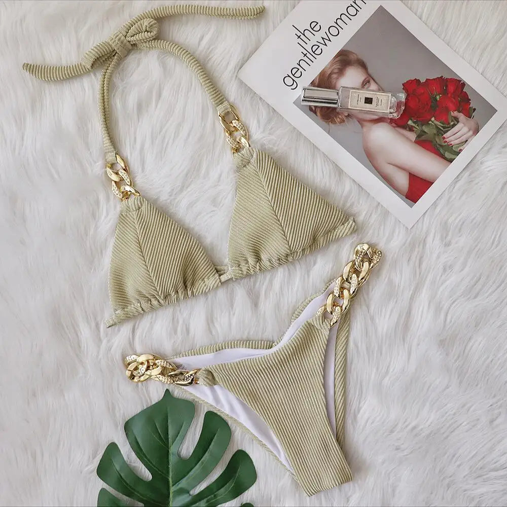 2024 New Bikini Golden Diamond Chain Split Swimsuit Sexy Special Fabric Women's Swimwear in Stock Jewelry Swimwear