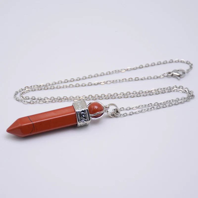Natural Stone Healing Pendant Round Bead Pointed Hexagon Column White Pink Purple Crystal Pillar Pendants Necklace for Women Men