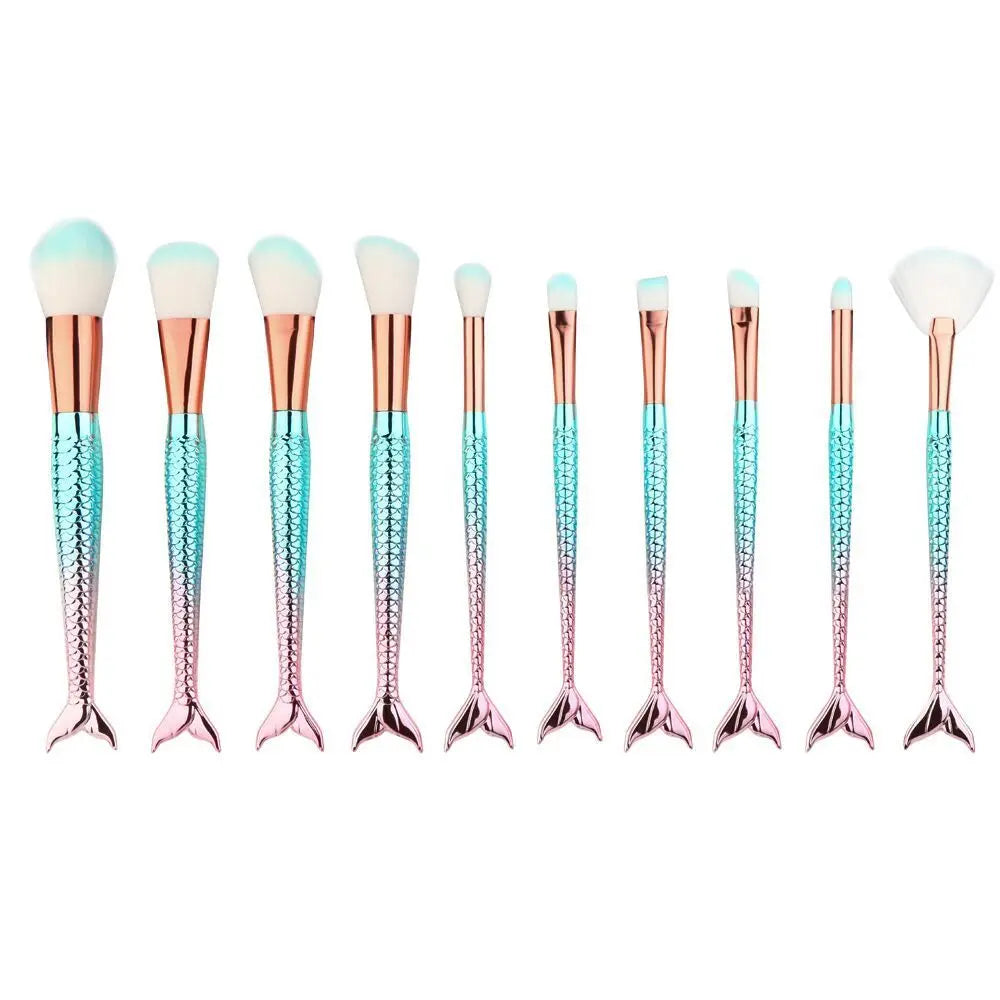 10PCS Mermaid Shape Makeup Brush Fish Scale Foundation Powder Eyeshadow Unicorn Makeup Brushes Contour Blending Cosmetic Brushes