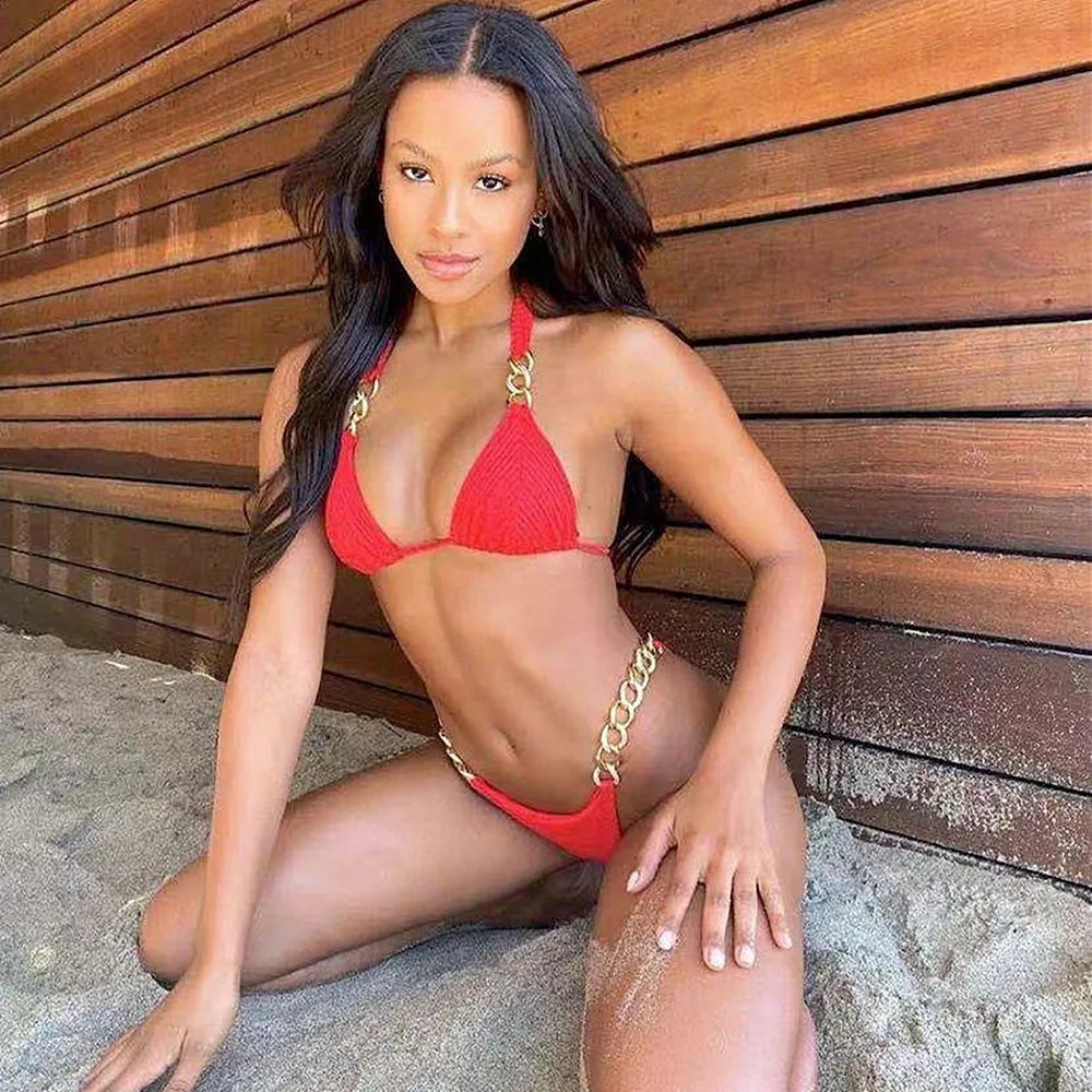 2024 New Bikini Golden Diamond Chain Split Swimsuit Sexy Special Fabric Women's Swimwear in Stock Jewelry Swimwear