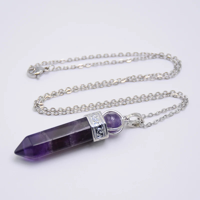 Natural Stone Healing Pendant Round Bead Pointed Hexagon Column White Pink Purple Crystal Pillar Pendants Necklace for Women Men