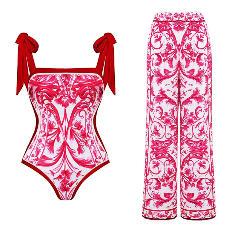 Two Pieces Set 3D Flower Print Set Swim Dress With High-Waisted Bottoms Women's Swimwear Cover up Beachsuit