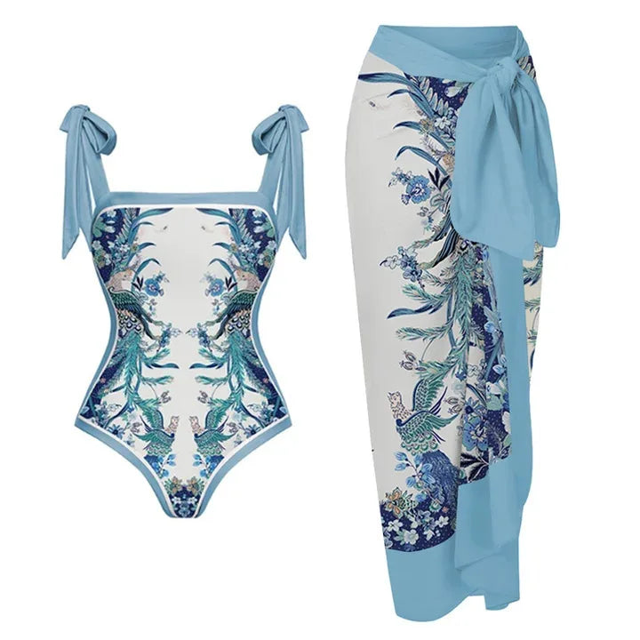 Two Pieces Set 3D Flower Print Set Swim Dress With High-Waisted Bottoms Women's Swimwear Cover up Beachsuit