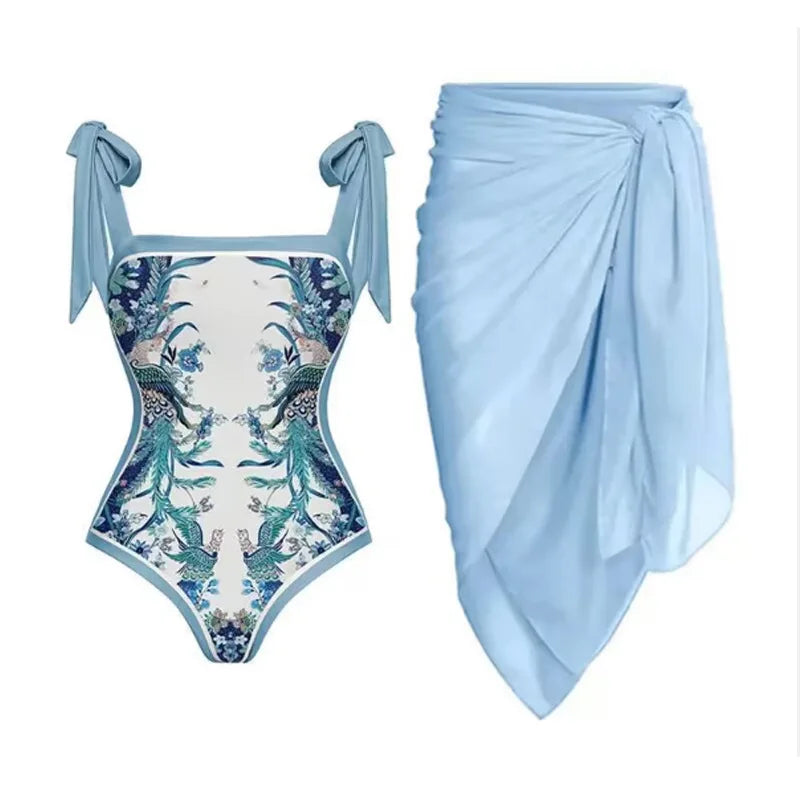 Two Pieces Set 3D Flower Print Set Swim Dress With High-Waisted Bottoms Women's Swimwear Cover up Beachsuit