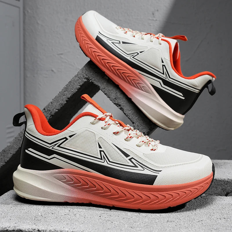 Logo Custom Breathable Men Trainers with Wave Patterned Outsole Traction Supportive Overlays for All Day comfort Running Shoes