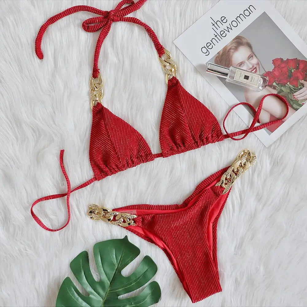 2024 New Bikini Golden Diamond Chain Split Swimsuit Sexy Special Fabric Women's Swimwear in Stock Jewelry Swimwear