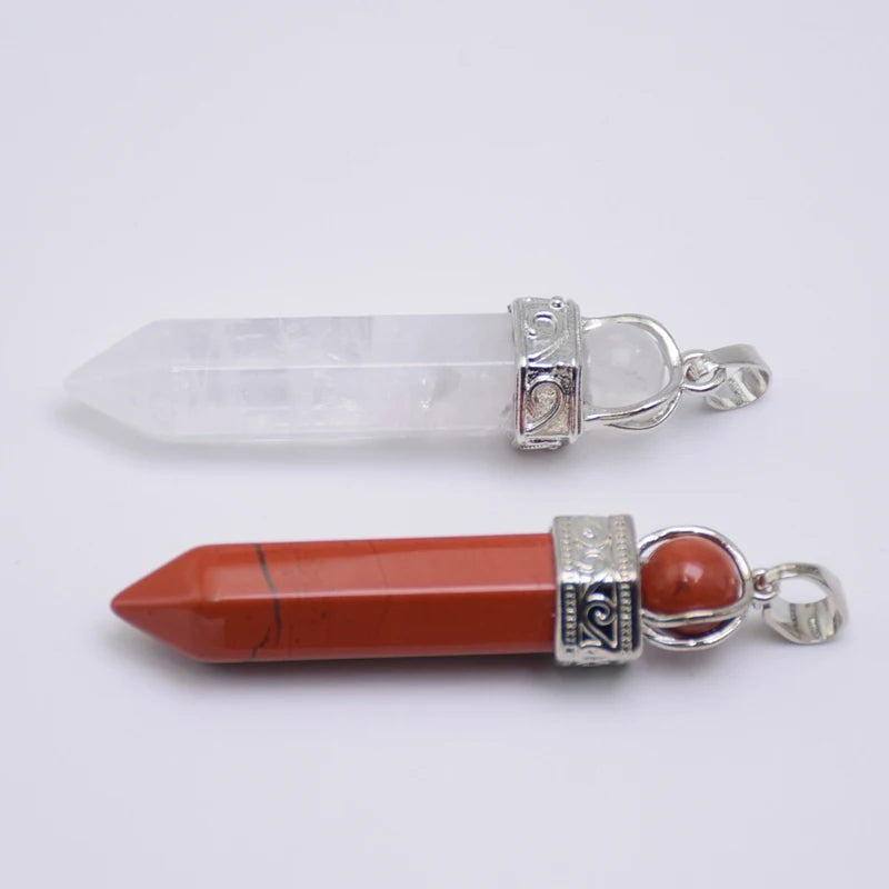 Natural Stone Healing Pendant Round Bead Pointed Hexagon Column White Pink Purple Crystal Pillar Pendants Necklace for Women Men