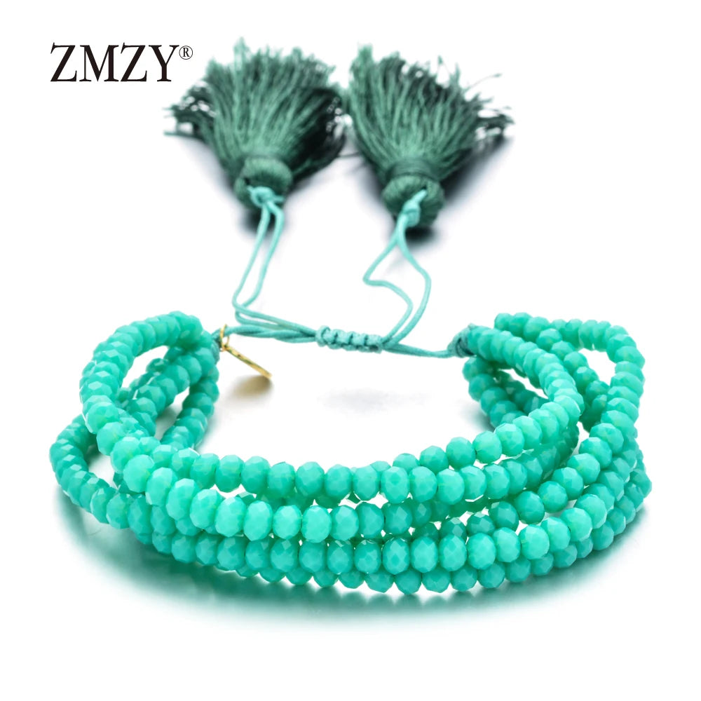 ZMZY Pink Boho Handmade Crystal Bead Bracelets Elastic Glass Beaded Layered Stacked Bracelet Tassel Jewelry Friends Gift